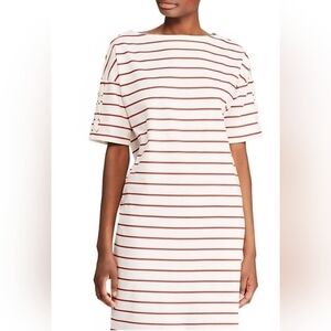Ralph Lauren Boat Neck White and Burgundi Striped Midi Dress